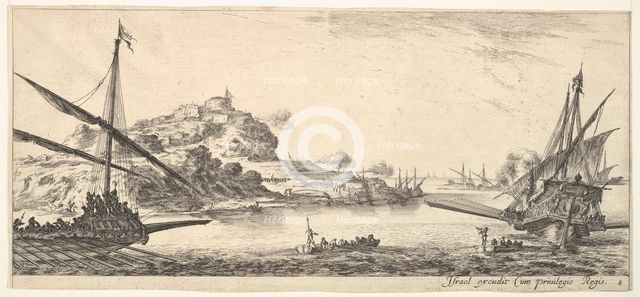 Plate 8: A the bow of a galley at left and another galley at right, seen from behind..., ca. 1641. Creator: Stefano della Bella.