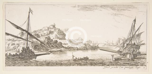 Plate 8: A the bow of a galley at left and another galley at right, seen from behind..., ca. 1641. Creator: Stefano della Bella.