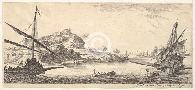 Plate 8: A the bow of a galley at left and another galley at right, seen from behind..., ca. 1641. Creator: Stefano della Bella.