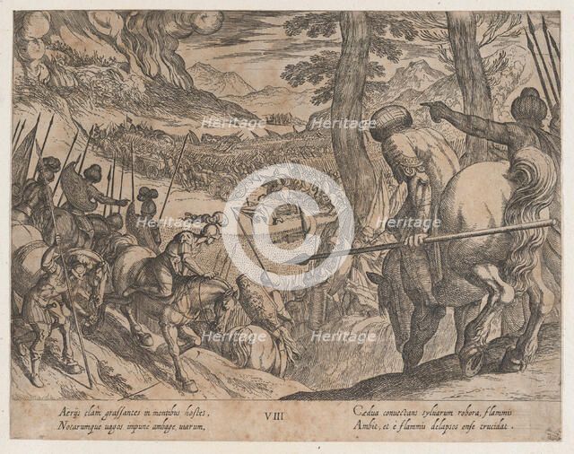 Plate 8: Alexander Encircling the Enemy Troops with Fire, from The Deeds of Alexander the ..., 1608. Creator: Antonio Tempesta.