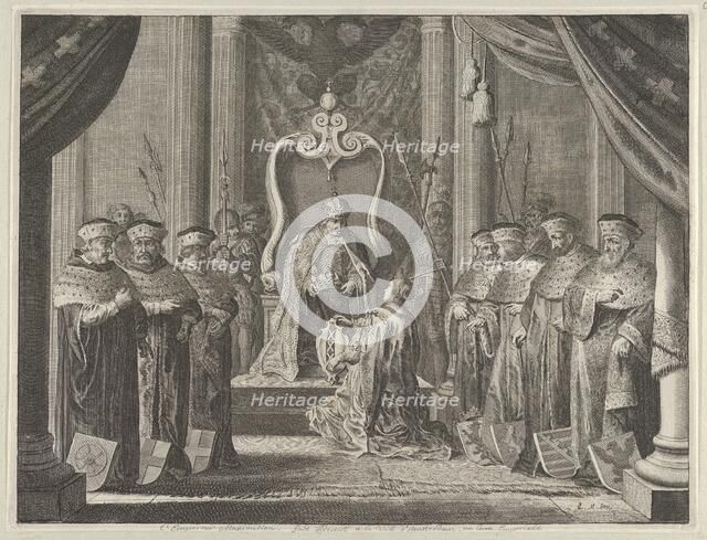 Plate 8: Emperor Maximilian II granting a crown to the coat of arms of Amsterdam, from Cas..., 1638. Creator: Pieter Nolpe.