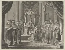 Plate 8: Emperor Maximilian II granting a crown to the coat of arms of Amsterdam, from Cas..., 1638. Creator: Pieter Nolpe