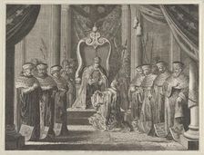 Plate 8: Emperor Maximilian II granting a crown to the coat of arms of Amsterdam, from Cas..., 1638. Creator: Pieter Nolpe