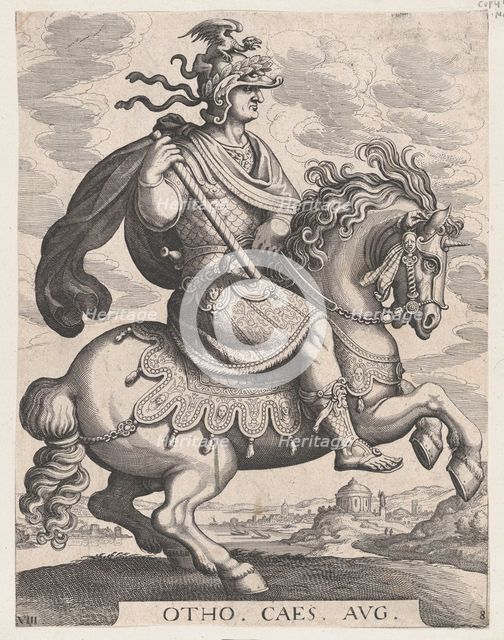 Plate 8: Emperor Otho on Horseback, from 'The First Twelve Roman Caesars', after Tempes..., 1610-50. Creator: Matthaus Merian.