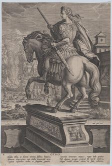 Plate 8: equestrian statue of Otho, seen from behind, his death scene in the backgr..., ca. 1587-89. Creator: Adriaen Collaert