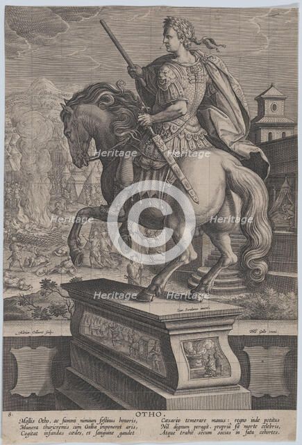 Plate 8: equestrian statue of Otho, seen from behind, his death scene in the backgr..., ca. 1587-89. Creator: Adriaen Collaert.