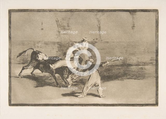Plate 8 from the 'Tauromaquia':A Moor Caught by the Bull in the ring., 1816. Creator: Francisco Goya.