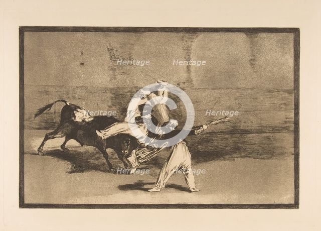 Plate 8 from the 'Tauromaquia': A moor caught by the bull in the ring, ca. 1816. Creator: Francisco Goya.
