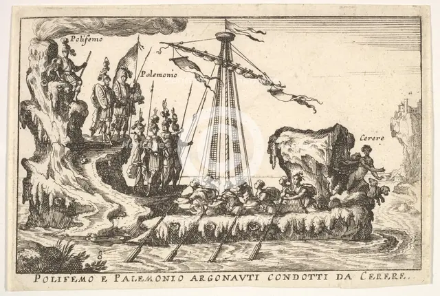 Plate 8: Polyphemus and Palemonius led by Ceres (Polifemo e Palemonio Argonauti condotti d..., 1664. Creator: Unknown.