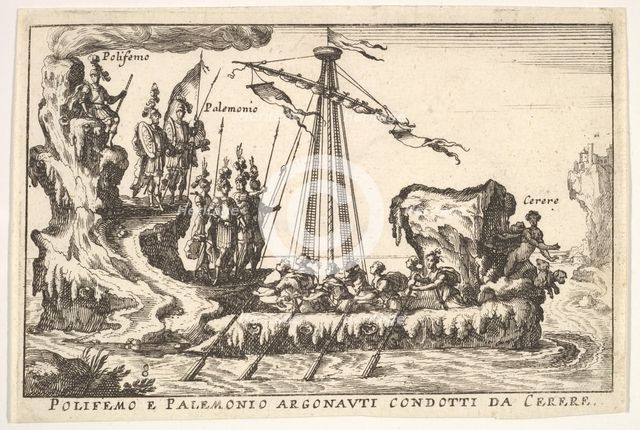 Plate 8: Polyphemus and Palemonius led by Ceres (Polifemo e Palemonio Argonauti condotti d..., 1664. Creator: Unknown.