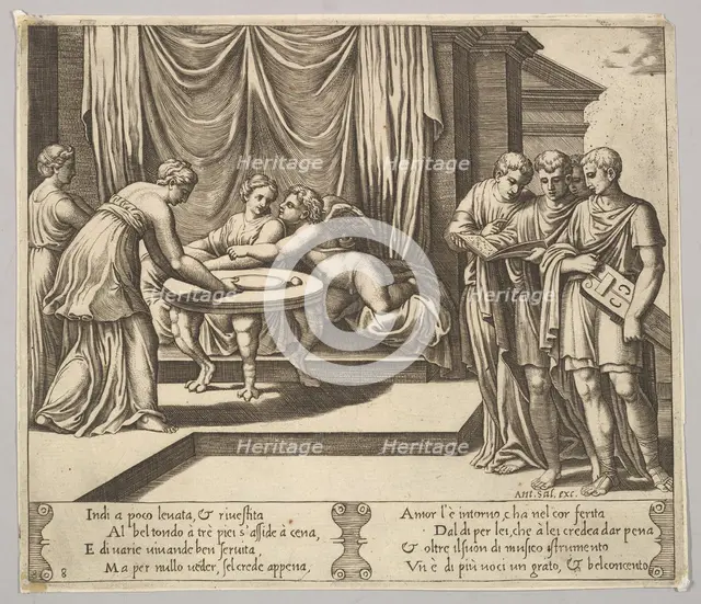 Plate 8: Psyche seated at a table and attended by invisible servants, Eros beside the g..., 1530-60. Creator: Master of the Die.