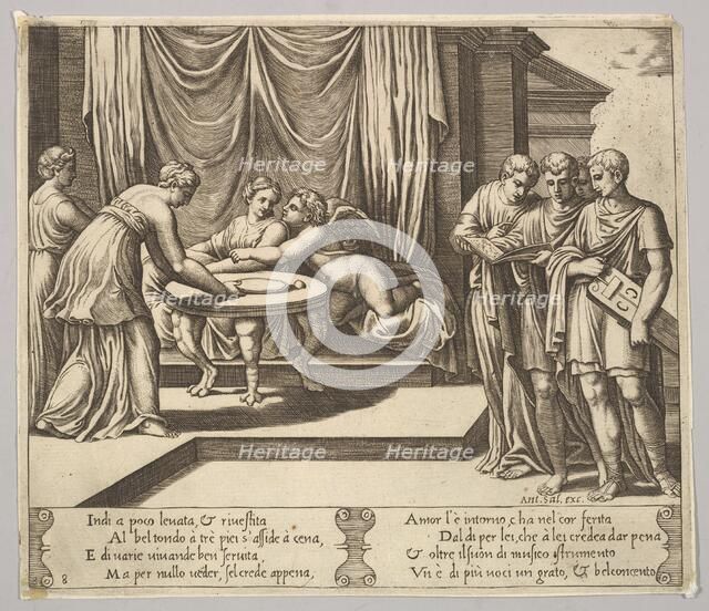 Plate 8: Psyche seated at a table and attended by invisible servants, Eros beside the g..., 1530-60. Creator: Master of the Die.