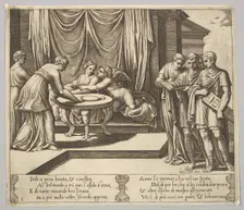 Plate 8: Psyche seated at a table and attended by invisible servants, Eros beside the g..., 1530-60. Creator: Master of the Die