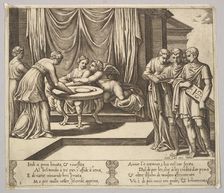 Plate 8: Psyche seated at a table and attended by invisible servants, Eros beside the g..., 1530-60. Creator: Master of the Die