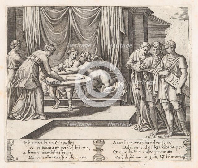 Plate 8: Psyche seated at a table attended by invisible servants, as Cupid rests his he..., 1530-60. Creator: Master of the Die.