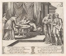 Plate 8: Psyche seated at a table attended by invisible servants, as Cupid rests his he..., 1530-60. Creator: Master of the Die