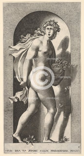 Plate 8: Prosperpina, standing in a niche, turning to the right while holding mantle in bo..., 1526. Creator: Giovanni Jacopo Caraglio.