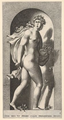 Plate 8: Prosperpina, standing in a niche, turning to the right while holding mantle in bo..., 1526. Creator: Giovanni Jacopo Caraglio