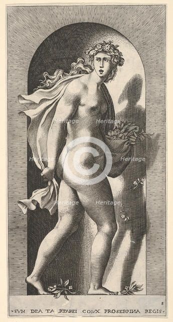 Plate 8: Prosperpina, standing in a niche, turning to the right while holding mantle in bo..., 1526. Creator: Giovanni Jacopo Caraglio.