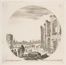 Plate 9: the Arch of Constantine at left, part of the Colosseum at right, various hors..., ca. 1646. Creator: Stefano della Bella