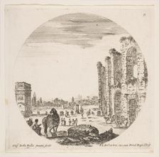 Plate 9: the Arch of Constantine at left, part of the Colosseum at right, various hors..., ca. 1646. Creator: Stefano della Bella