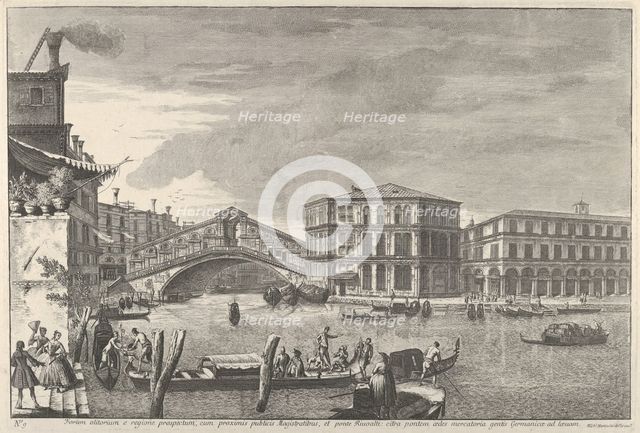 Plate 9: the bridge and market of the Rialto, Venice, from 'Views of Venice' (Magnificenti..., 1741. Creator: Michele Marieschi.