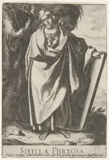 Plate 9: the Phrygian Sibyl holding the top of a tablet with her left hand and pointing wi..., 1609. Creator: Raffaello Schiaminossi