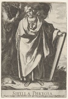 Plate 9: the Phrygian Sibyl holding the top of a tablet with her left hand and pointing wi..., 1609. Creator: Raffaello Schiaminossi