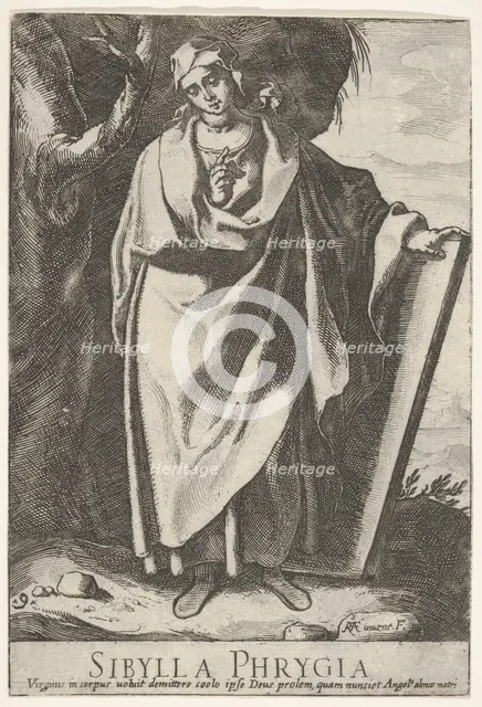 Plate 9: the Phrygian Sibyl holding the top of a tablet with her left hand and pointing wi..., 1609. Creator: Raffaello Schiaminossi.