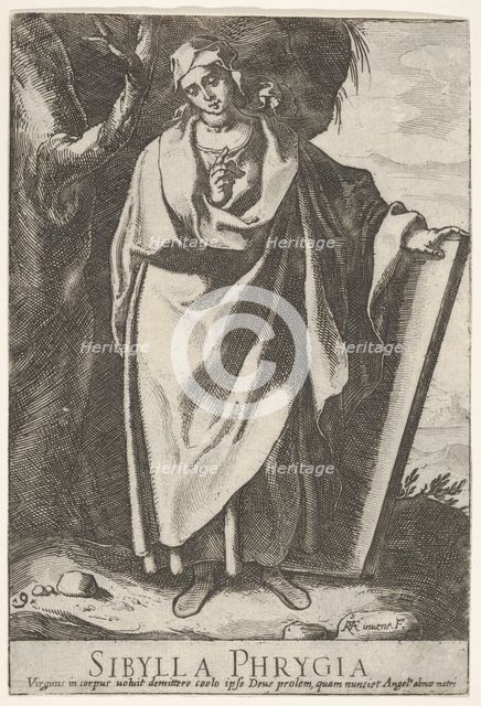 Plate 9: the Phrygian Sibyl holding the top of a tablet with her left hand and pointing wi..., 1609. Creator: Raffaello Schiaminossi.