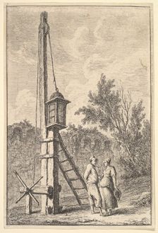 Plate 9: The Pulley: a man and a woman conversing to right, a lantern hung on a pos..., ca. 1763-64. Creator: Hubert Robert