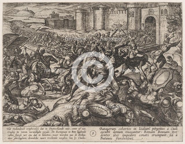 Plate 9: The Romans Defeated by the Dutch Troops at Bonna, from The War of the Romans Agai..., 1611. Creator: Antonio Tempesta.