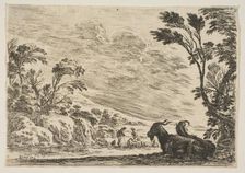 Plate 9: Two goats resting to right, turned towards the left, four men and a horse in a ri..., 1642. Creator: Stefano della Bella