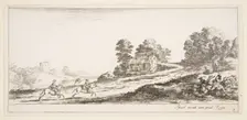 Plate 9: two horsemen at left galloping uphill towards the right, a horse and seated m..., ca. 1641. Creator: Stefano della Bella