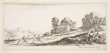 Plate 9: two horsemen at left galloping uphill towards the right, a horse and seated m..., ca. 1641. Creator: Stefano della Bella