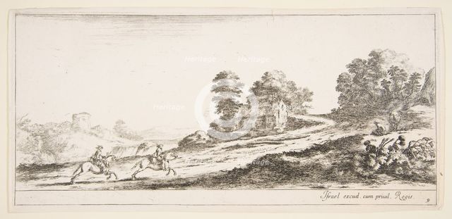Plate 9: two horsemen at left galloping uphill towards the right, a horse and seated m..., ca. 1641. Creator: Stefano della Bella.