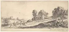 Plate 9: two horsemen at left galloping uphill towards the right, a horse and seated m..., ca. 1641. Creator: Stefano della Bella