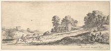 Plate 9: two horsemen at left galloping uphill towards the right, a horse and seated m..., ca. 1641. Creator: Stefano della Bella