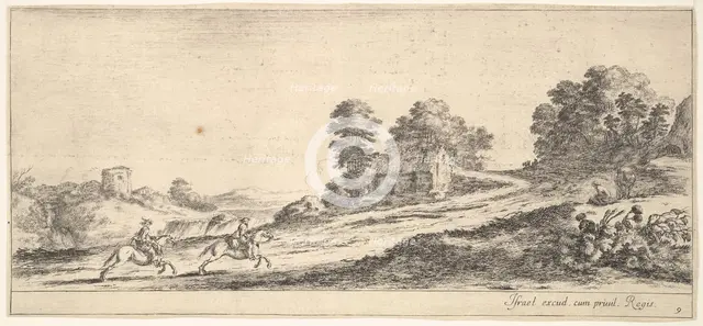 Plate 9: two horsemen at left galloping uphill towards the right, a horse and seated m..., ca. 1641. Creator: Stefano della Bella.