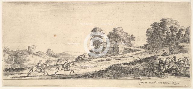 Plate 9: two horsemen at left galloping uphill towards the right, a horse and seated m..., ca. 1641. Creator: Stefano della Bella.