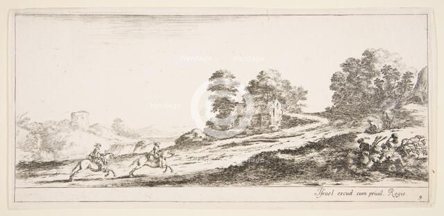 Plate 9: two horsemen at left galloping uphill towards the right, a horse and seated m..., ca. 1641. Creator: Stefano della Bella.