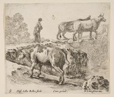 Plate 9: a cow ascending a bank, a peasant woman leading two cows across a bridge i..., ca. 1644-47. Creator: Stefano della Bella