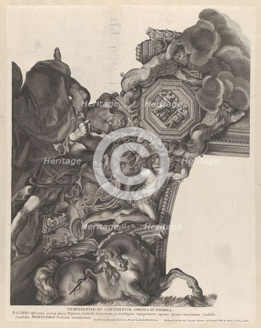 Plate 9: Allegory of Temperance with a unicorn and Publius Scipio Africanus at bottom,..., ca. 1677. Creator: Anon.
