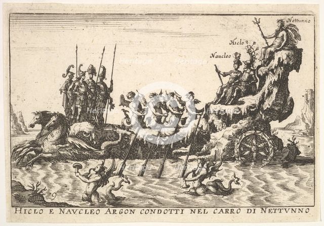 Plate 9: Argonauts Hicleus and Naucleus led in the float of Neptune (Hicleo e Naucleo Argo..., 1664. Creator: Unknown.
