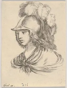 Plate 9: bust of Minerva, wearing a helmet with feathers, looking towards the left, from ..., 1650. Creator: Stefano della Bella