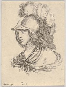 Plate 9: bust of Minerva, wearing a helmet with feathers, looking towards the left, from ..., 1650. Creator: Stefano della Bella