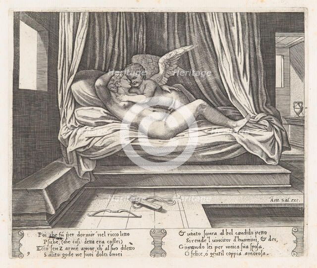 Plate 9: Cupid and Psyche on a bed, from the Story of Cupid and Psyche as told by Apule..., 1530-60. Creator: Master of the Die.