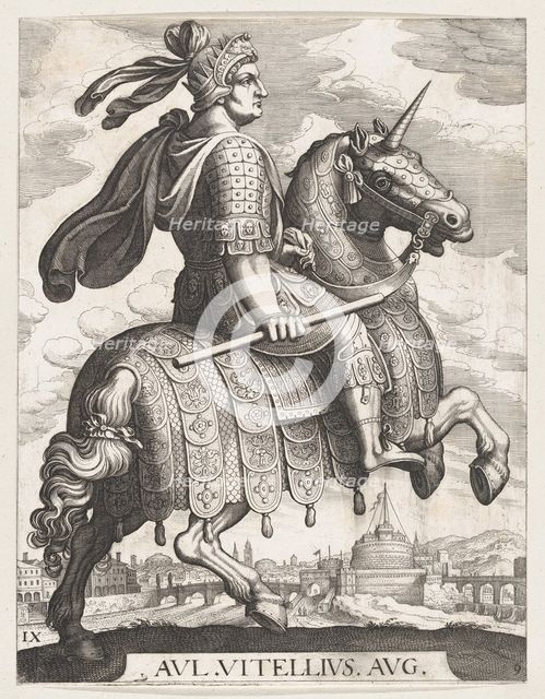 Plate 9: Emperor Vitellius on Horseback, from 'The First Twelve Roman Caesars' after Te..., 1610-50. Creator: Matthaus Merian.