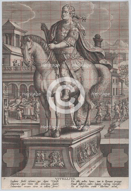 Plate 9: equestrian statue of Vitellius, seen three-quarters to the left, with his ..., ca. 1587-89. Creator: Adriaen Collaert.