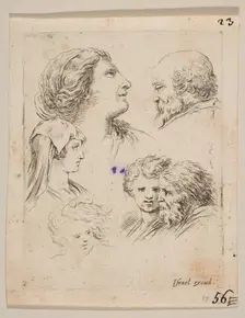 Plate 9: five heads, two young women at left, a bearded man at upper right, a young wo..., ca. 1649. Creator: Stefano della Bella